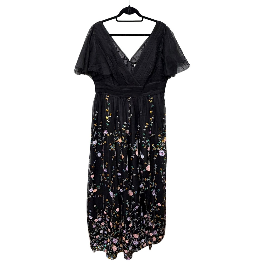 Mac Duggal Embellished Illusion Butterfly Sleeve Gown Dress Floral Sequin 14